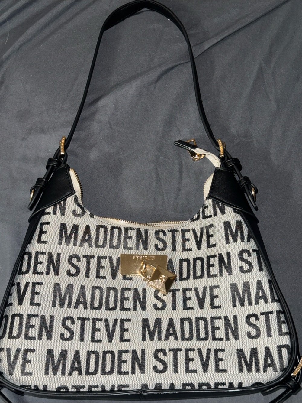 Steve Madden Black & Ivory Logo Hobo Bag with Gold Hardware